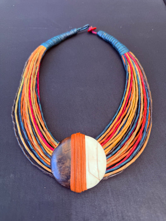 Multicolor Tribal-Inspired Statement Necklace with Earthy Pendant