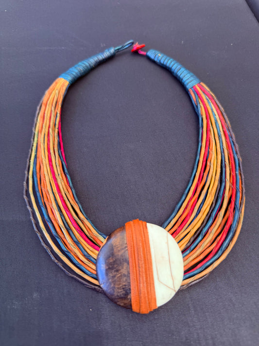 Multicolor Tribal-Inspired Statement Necklace with Earthy Pendant